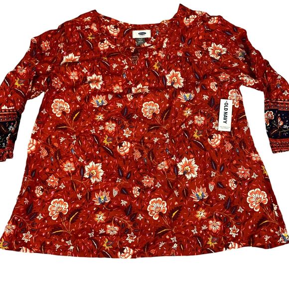 Old Navy Blouse Girls XL (14) Orange Rust Floral Boho 3/4 Sleeve Pullover - Picture 11 of 13